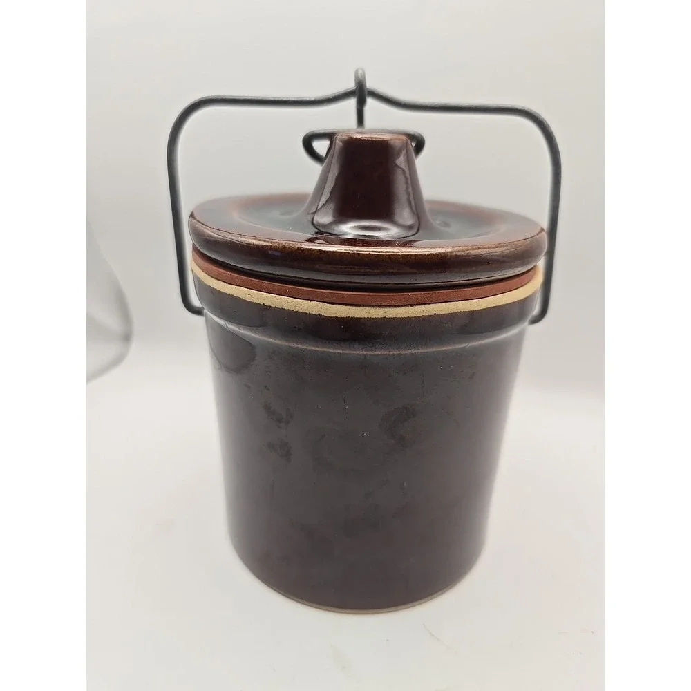 Vintage Brown Glazed Pottery Stoneware Cheese Crock‎ with Clamp Lid Farmhouse